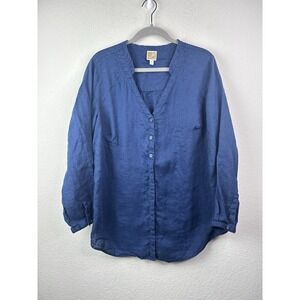 JM Collection 100% Linen V-Neck Button Front Blouse Womens 16W Navy Blue Beach